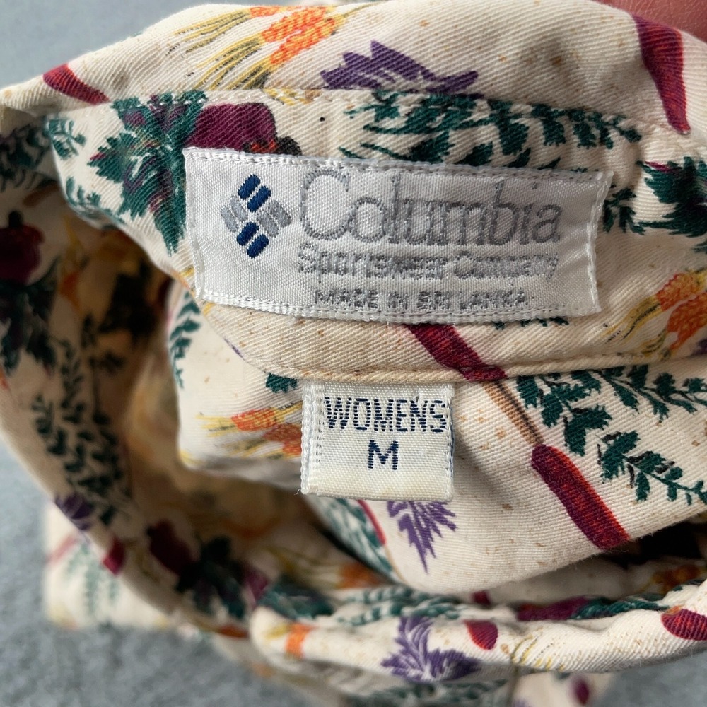 VTG Columbia Shirt Womens Medium Cream All Over Print Floral Nature Lightweight - Picture 11 of 12